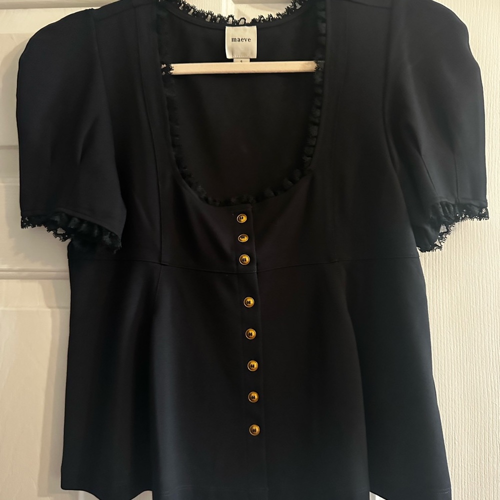 Anthropologie Black Short-Sleeve Square-Neck Button Front Top with Gold Buttons